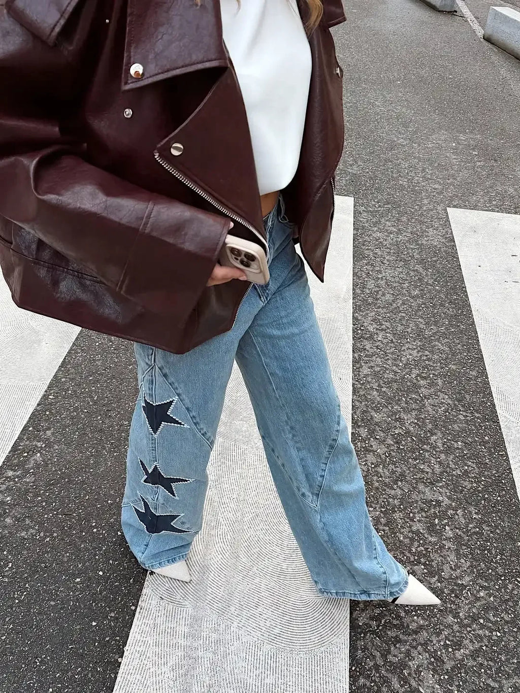 Women Blue Wide Leg Jeans Lady High Waist Star Patchwork Denim Pants Loose Fit Straight Leg Trousers 2026 New Casual Street Wear
