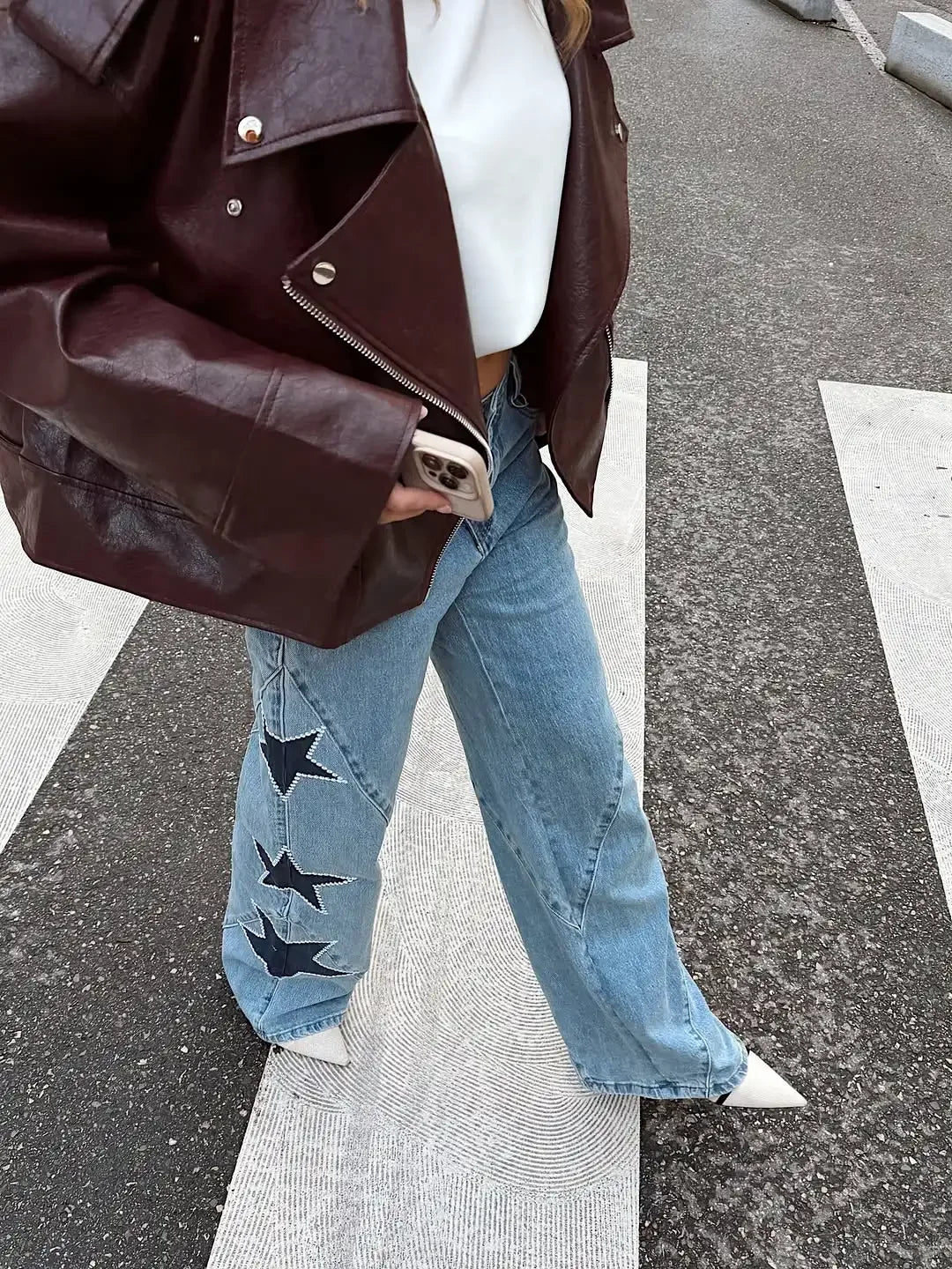 Women Blue Wide Leg Jeans Lady High Waist Star Patchwork Denim Pants Loose Fit Straight Leg Trousers 2026 New Casual Street Wear