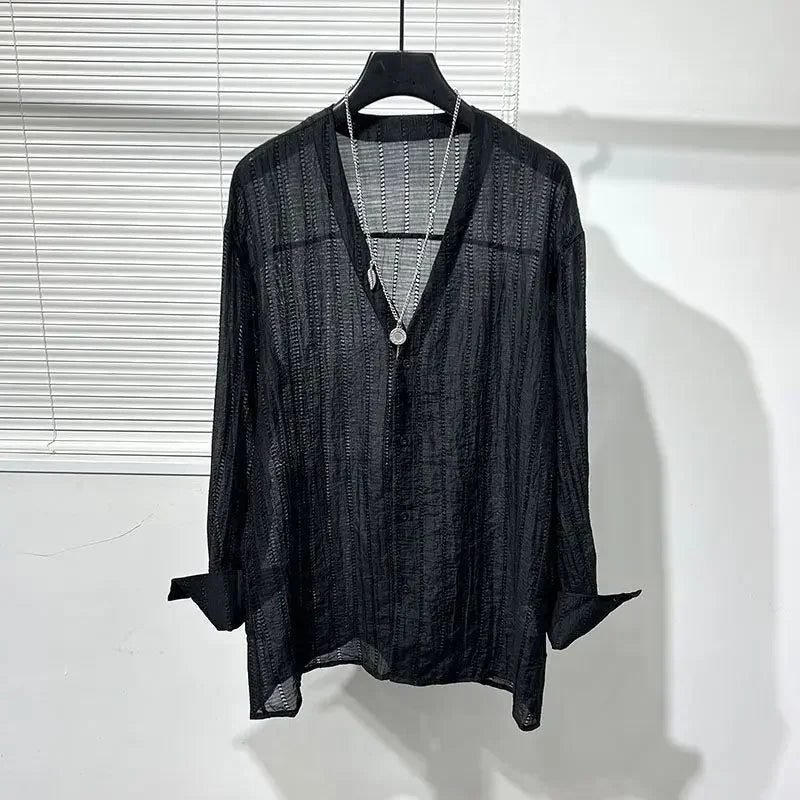 Simple Loose Hollowed-out Draped V-neck Loose Shirt for Men Solid Color Y2K Blouse Fashion Tops Chic Casual Male Clothes