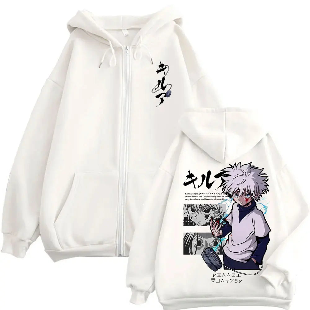 Anime Hunter X Hunter Zipper Hoodie Killua Zoldyck Graphic Hoodies Men Women Vintage Oversized Fleece Cotton Zip Up Jacket Coat