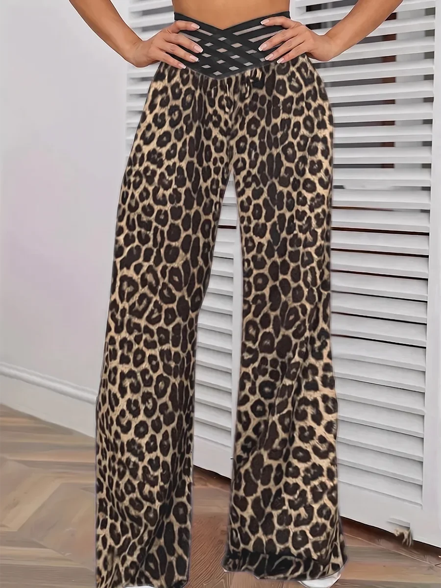 Leopard Print Wide Leg Pants Women Sexy High Waist Elastic Waist Loose Trousers Summer Autumn Casual Streetwear Y2K Vintage