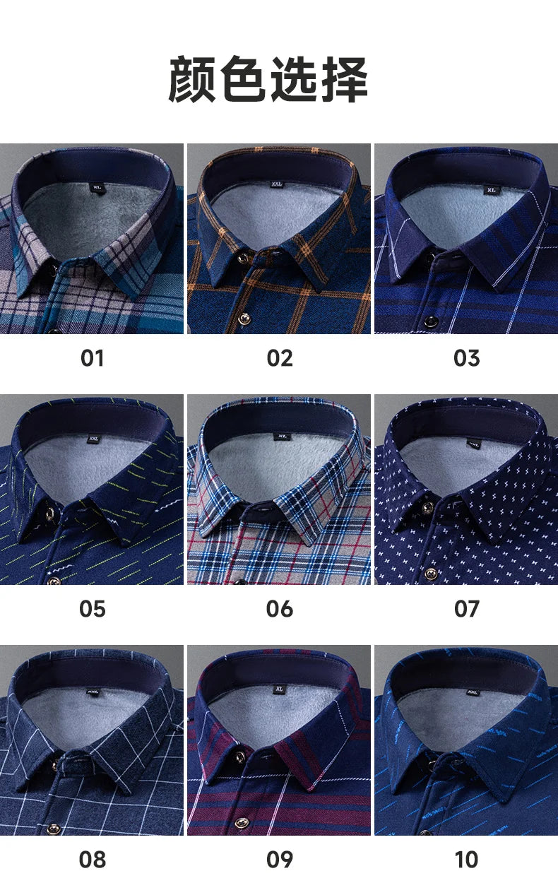New In Tops Men's Thicken Flannel Fur Lined Shirts Autumn Winter Plus Sized Warm Long Sleeved Plaid Business Casual Slim Clothes