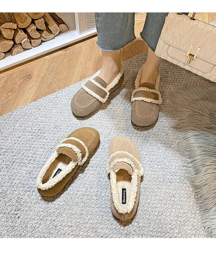 2026 Faux Suede Flats Women Lambswool Loafers Winter Warm Cotton Shoes Ladies Platform Fleeces Mocasines Female Sheep Fur Boots