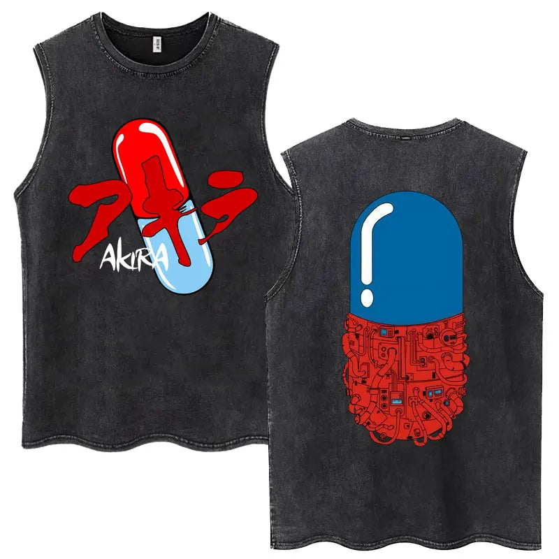Washed Japan Anime Akira Retro Tank Tops 90s Science Fiction Movie Shotaro Kaneda Sleeveless T Shirts Cotton Casual Loose Vests