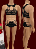 Men Hollow Out Fishnet Lingerie 2Pcs Set Multi Color See Through Mesh Halter Crop Top Briefs Sexy Sleepwear For Club Honeymoon