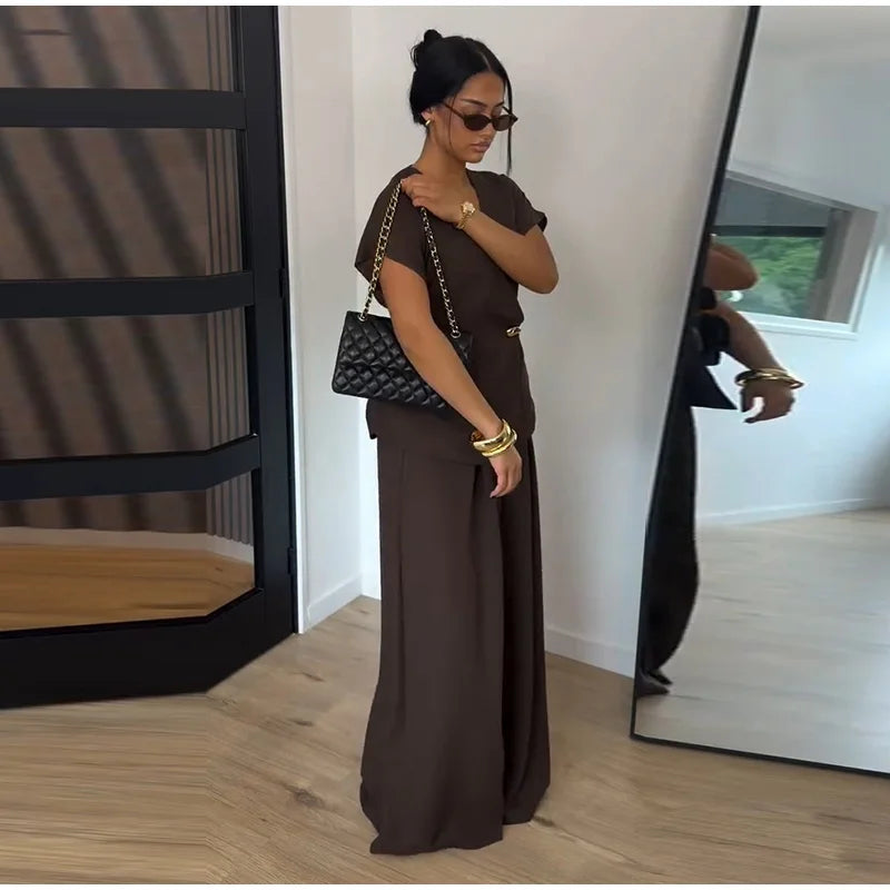 Elegant Button Top Pants Set Women Slim V-neck Short Sleeve One Button Tops High Waist Wide Leg Pant Two Piece Sets 2026 Summer