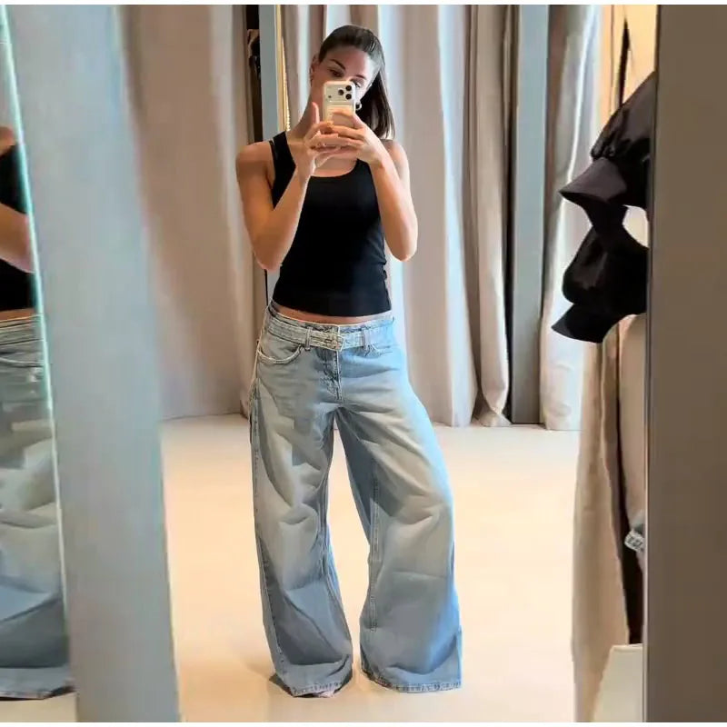 2026 Spring Low Waist Pleated Wide Leg Jeans Light Wash Raw Edge Double Waistband Casual Women Pants Trendy Y2K Lady Trousers