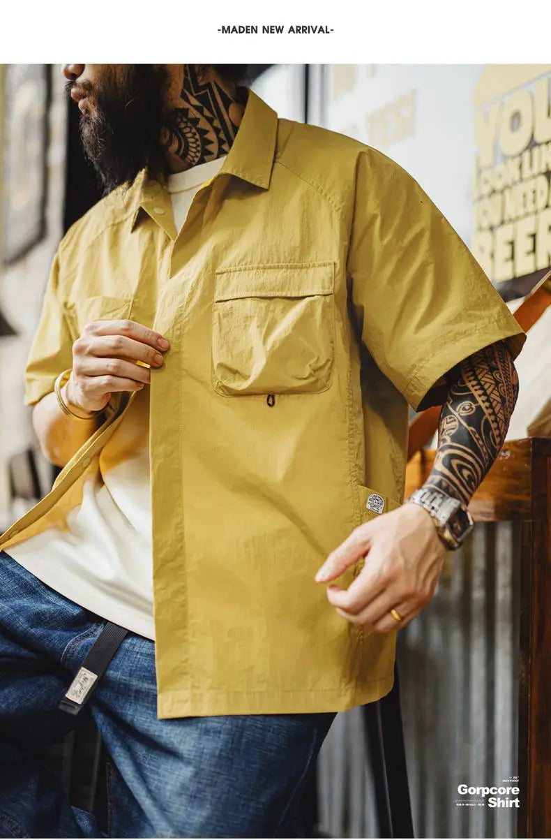 Maden Outdoor Single-breasted Short Sleeve Shirt Men's Summer Quick-Dry Lightweight Chest Pocket Blouse Loose Fit Travel Shirt