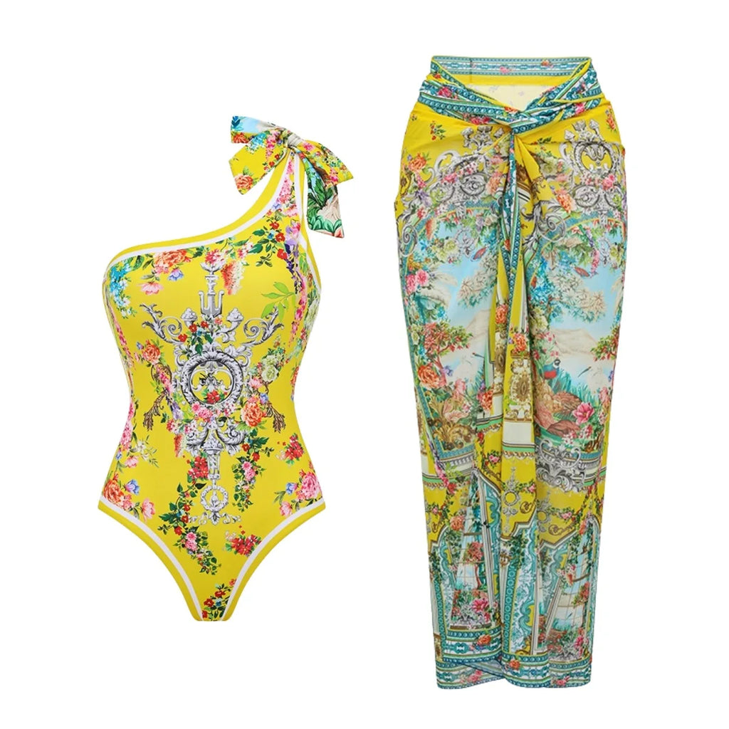 Retro Bikini Printed Fashion Two Piece Swimsuit And Cover Up With Skirt Tight Women's Bandage Summer Beach Luxury Elegant