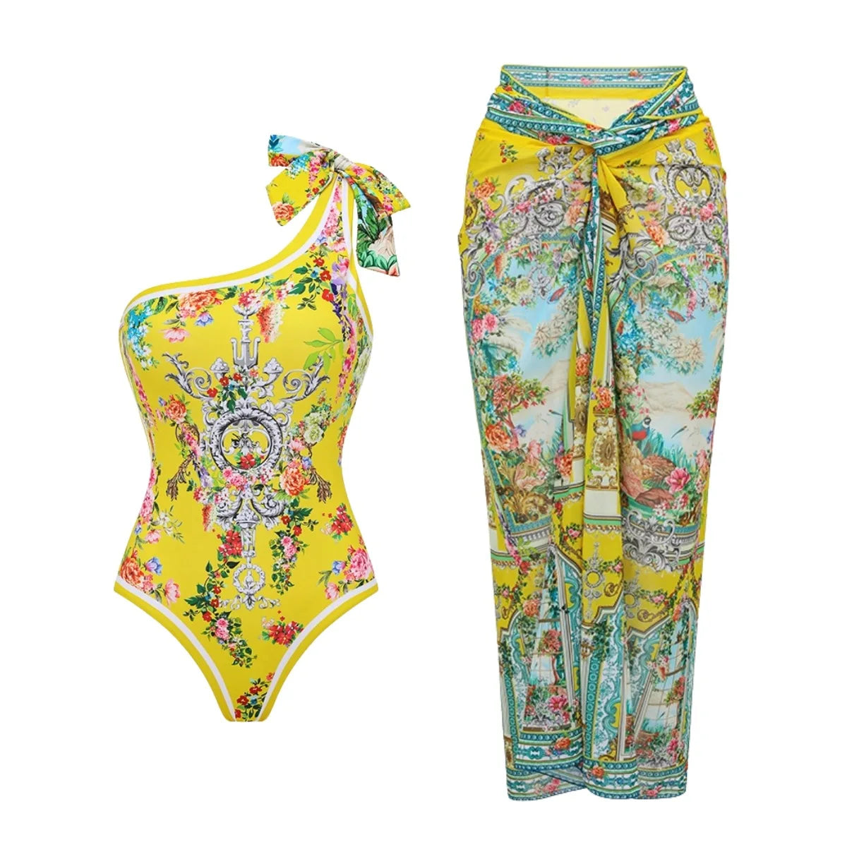 Retro Bikini Printed Fashion Two Piece Swimsuit And Cover Up With Skirt Tight Women's Bandage Summer Beach Luxury Elegant