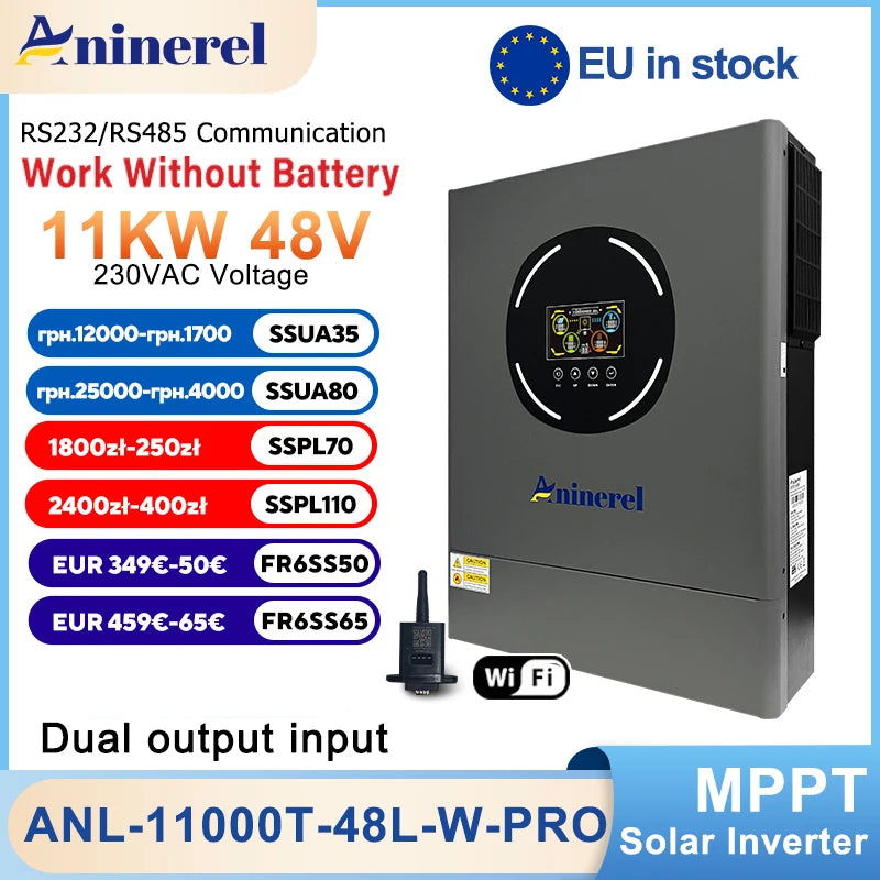 Aninerel 11KW 6.2 KW48V Hybrid Solar Inverter Dual Output Dual input Solar controller Color LCD Display MPPT 160A 120A PV 500VDC
