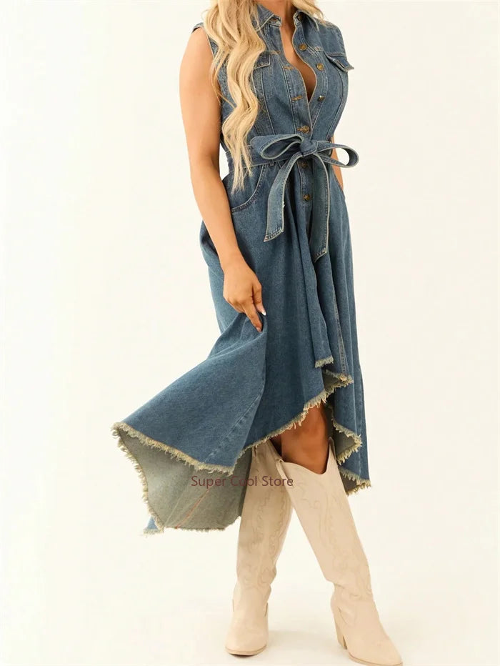 Denim Dresses For Women Sleeveless Sexy Irregular Girl Fashion A-Line Long Tunic Dress Lady Lace-Up Female Jeans Clothes