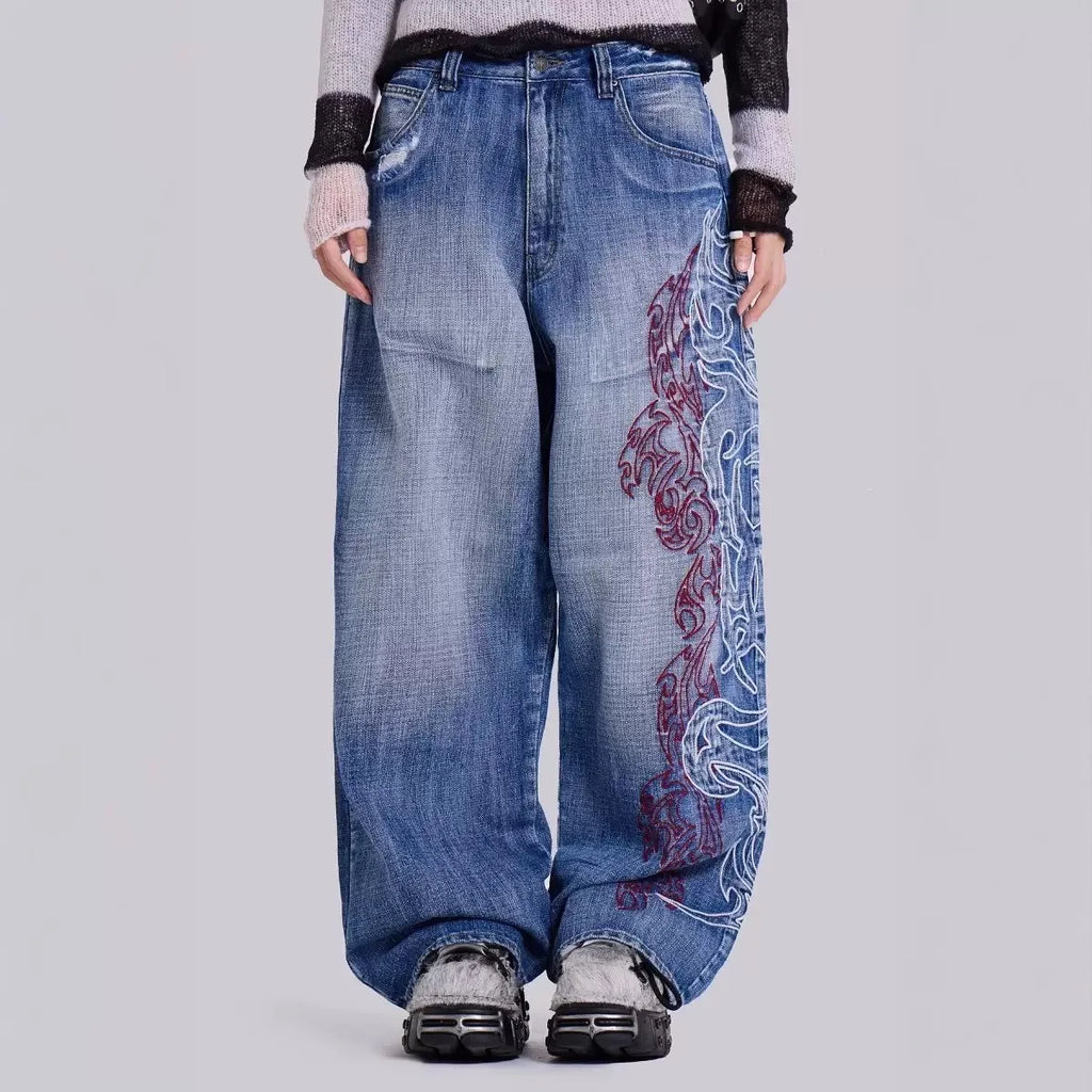 Women Dark Wash Denim Jeans Union Patch Back Pocket Vintage Loose Straight Pants Y2K Streetwear Trousers Daily Casual Outfits