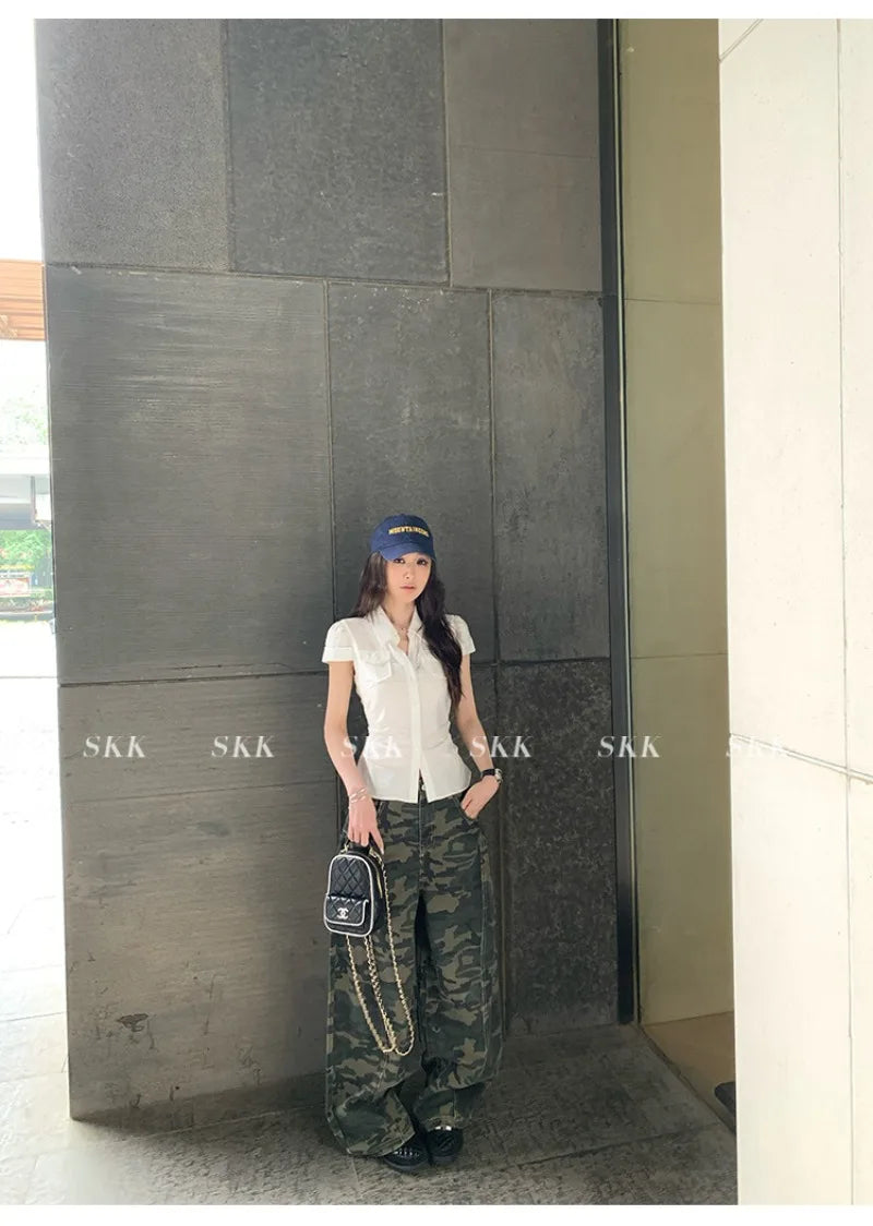 YJKDYK High Waist Camouflage Workwear Jeans Women's Autumn Spring American Retro Wide Leg Floor-Length Pants Trendy High Street