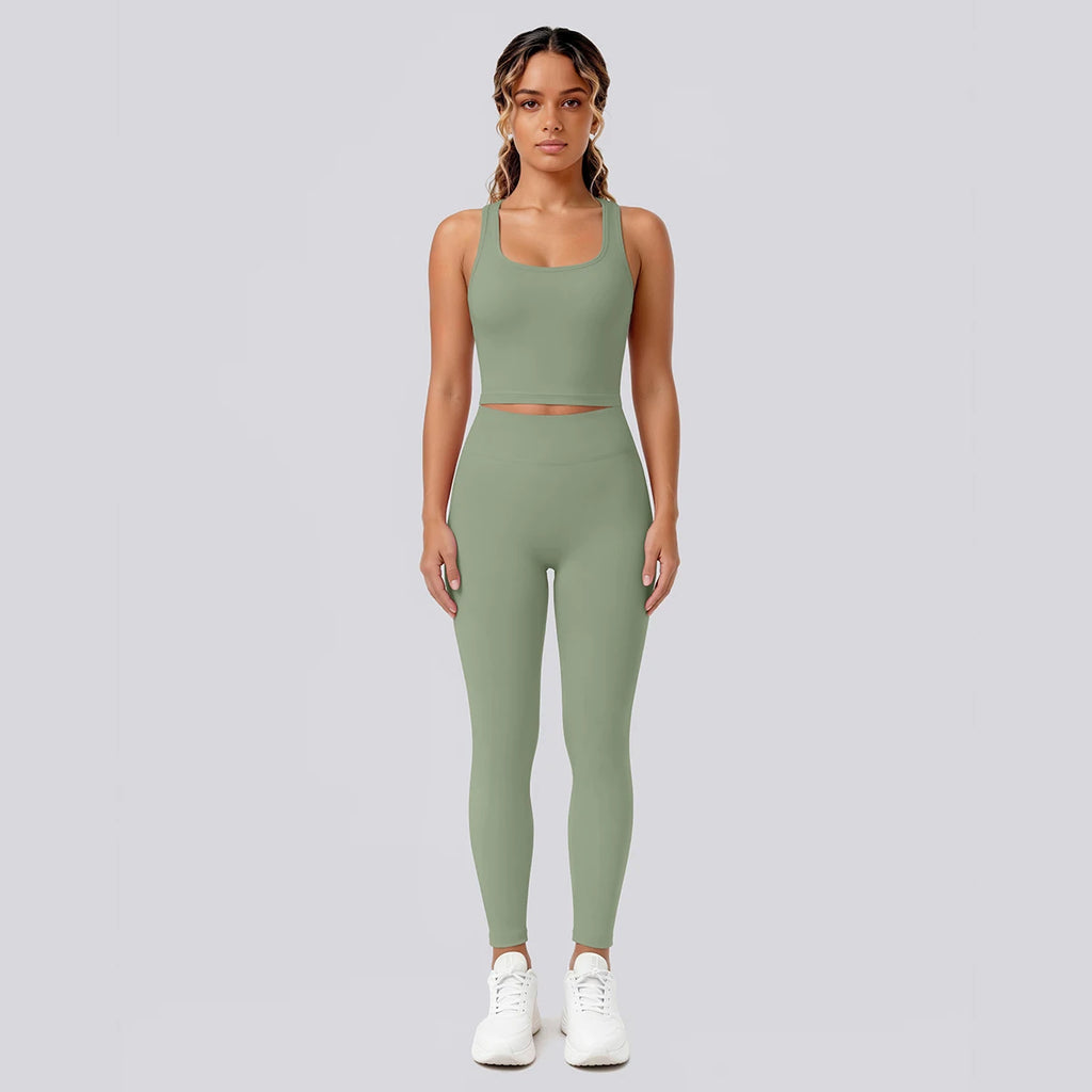 2PCS Solid Color Yoga Set for Woman's Gather Beautiful Back I-shaped Vest Shock-absorbing Running Yoga Tank Top Push Up Pants
