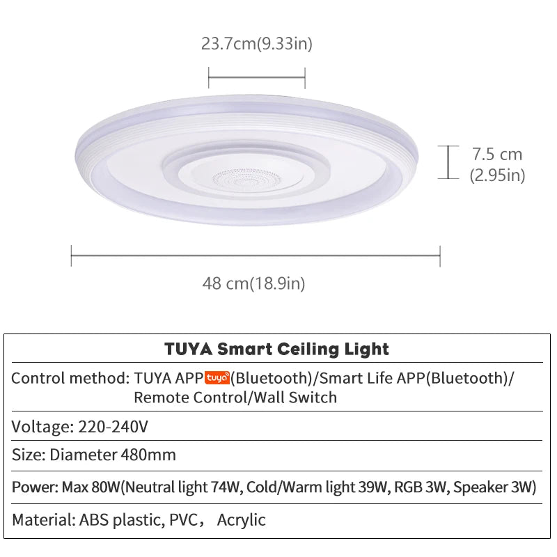 TUYA Music Ceiling Light With Speaker Remote Control APP Dimming Smart RGB LED Lamps Backlight Design Bedroom Living Room Decor