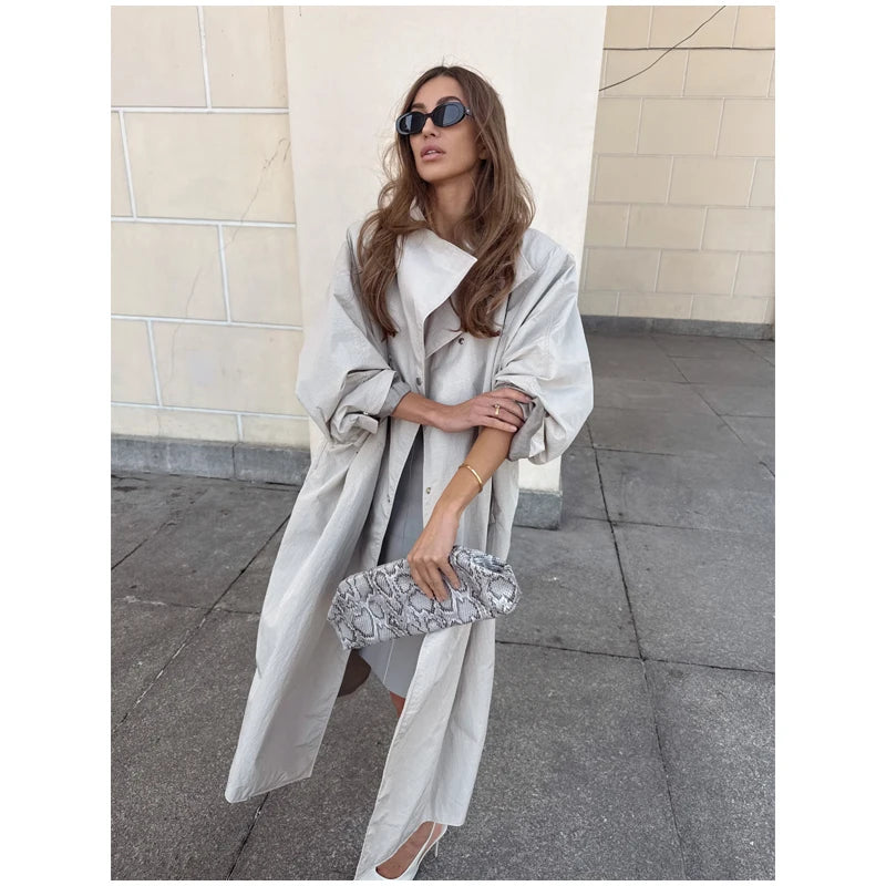 Casual Solid Long Trench Coat Women Stand Collar Long Sleeve Single Breasted Lace Up Jacket 2026 Autumn Lady Commute Outwear