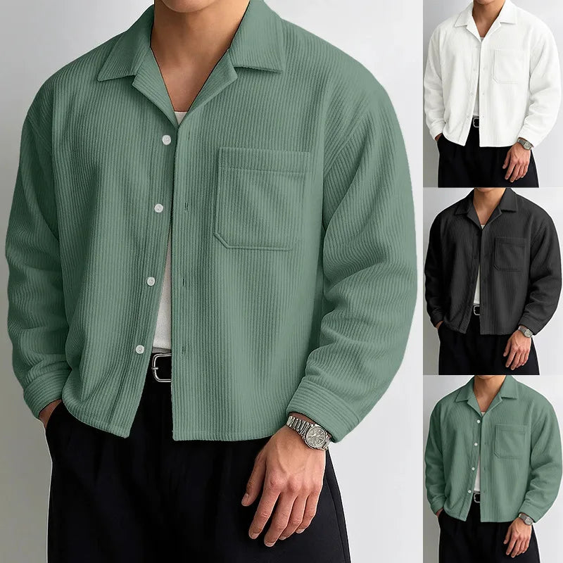 Autumn Men Corduroy Cropped Shirts Long Sleeve Solid Color Suit Collar Casual Blouse American Retro Premium Loose Cardigan Tops