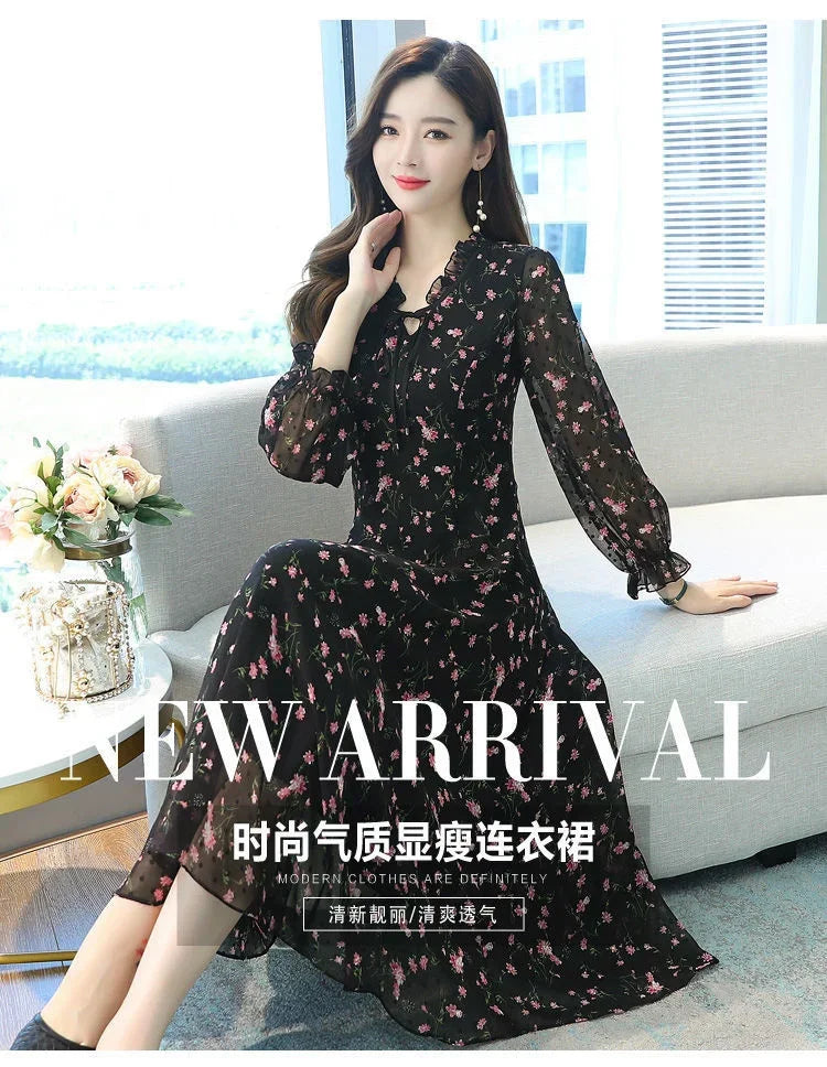 Woman Dress Summer Autumn New Long Sleeve Small Floral Chiffon Dress Dress Vestido De Mujer