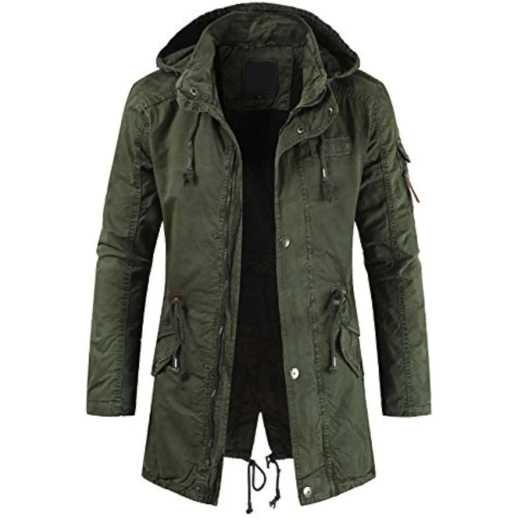 Men Long Cargo Parka Men's Spring Military Full-Zip Removable Hooded Cotton Mid-Long Parka Jacket Fleece Lined Plush Warm Coat