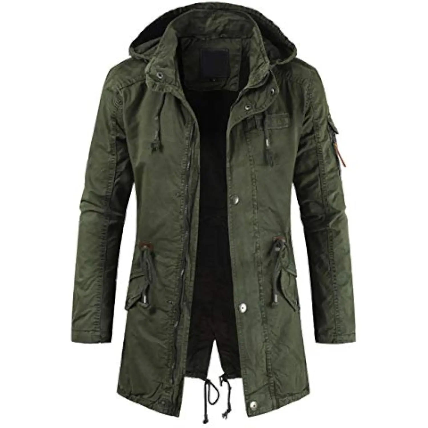Men Long Cargo Parka Men's Spring Military Full-Zip Removable Hooded Cotton Mid-Long Parka Jacket Fleece Lined Plush Warm Coat