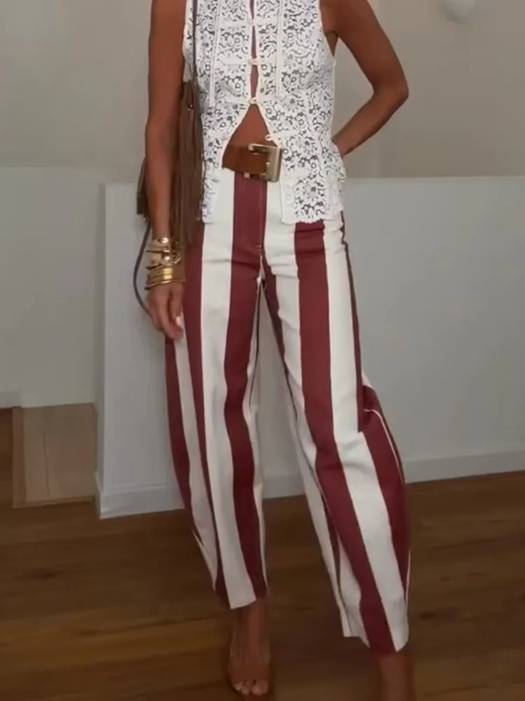 Street Fashion Stripe Women's Pants Zipper Button Pocket Wide Leg Multicolor Vertical Pants 2026 Spring Summer Lady Trousers