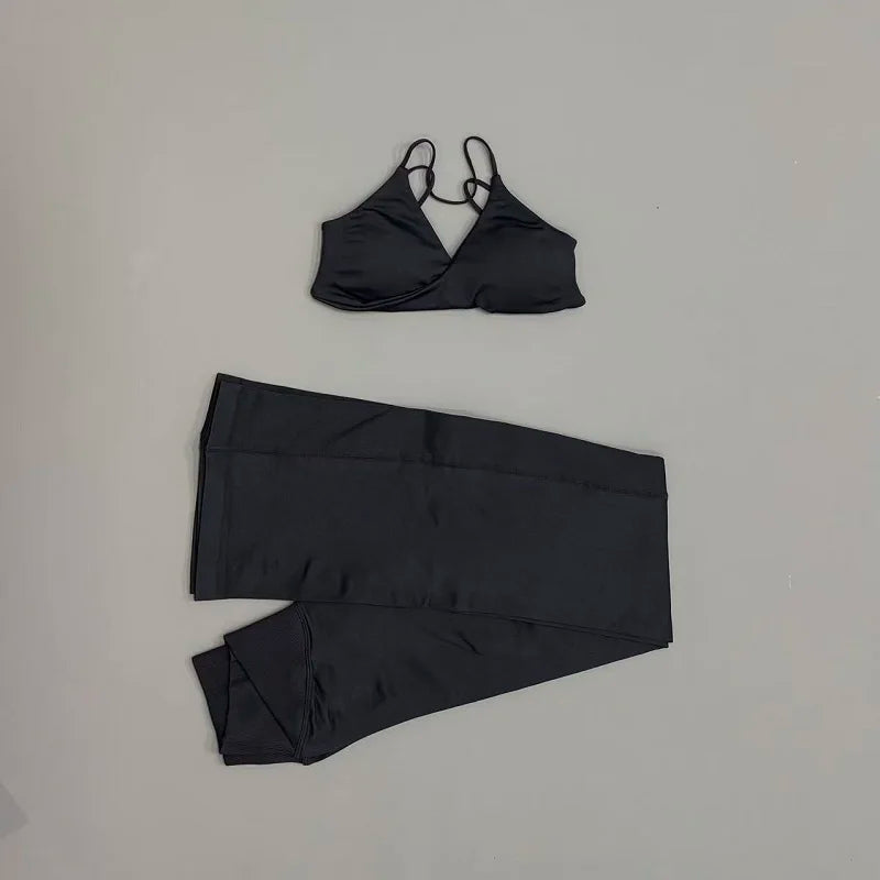 2Pcs Sports Set Women Seamless Front Tie Crossover Bra Crossover Waist Flare Leggings Sets Gym Fitness Workout Sports Sets