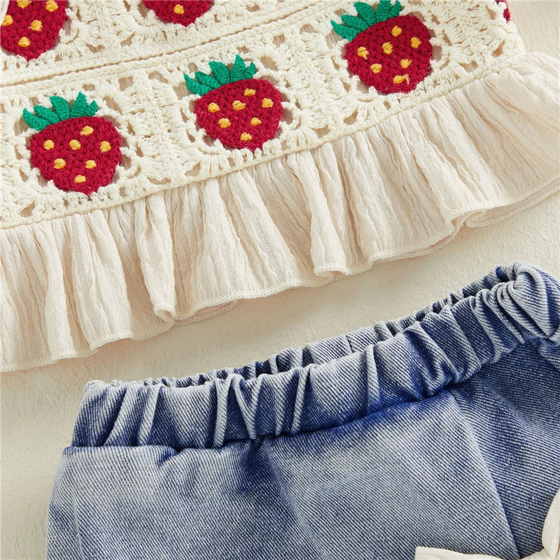 Toddler Kids Girls Clothing Set Strawberry Crochet Cami Tops and Bow Denim Skorts Jeans Outfits Set Clothes Children's Set