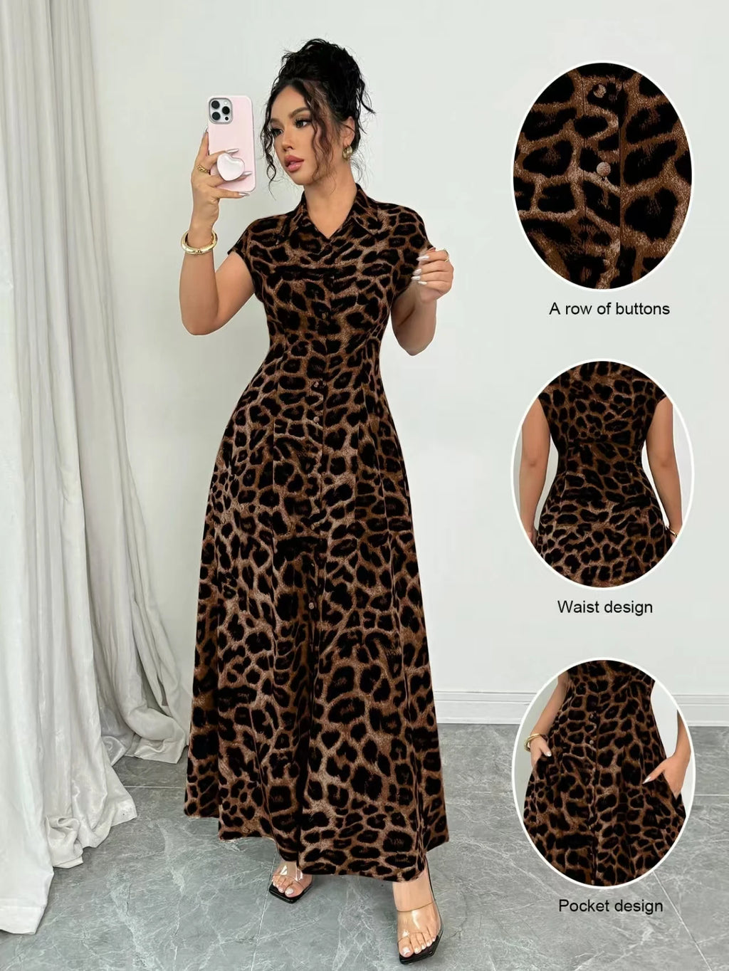 Women's Elegant Leopard Print Lapel Short-Sleeve Waist-Cinched Button Dress