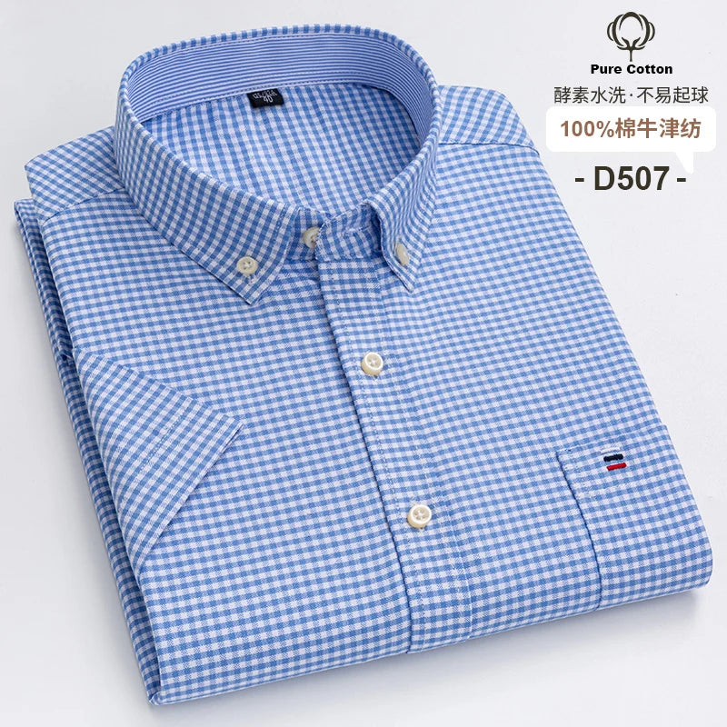 100%Pure Cotton Oxford Men's Shirts Short Sleeve Plaid Soft Regular Fit Formal Dress Shirt Social Blouse Male Clothes 6XL 7XL