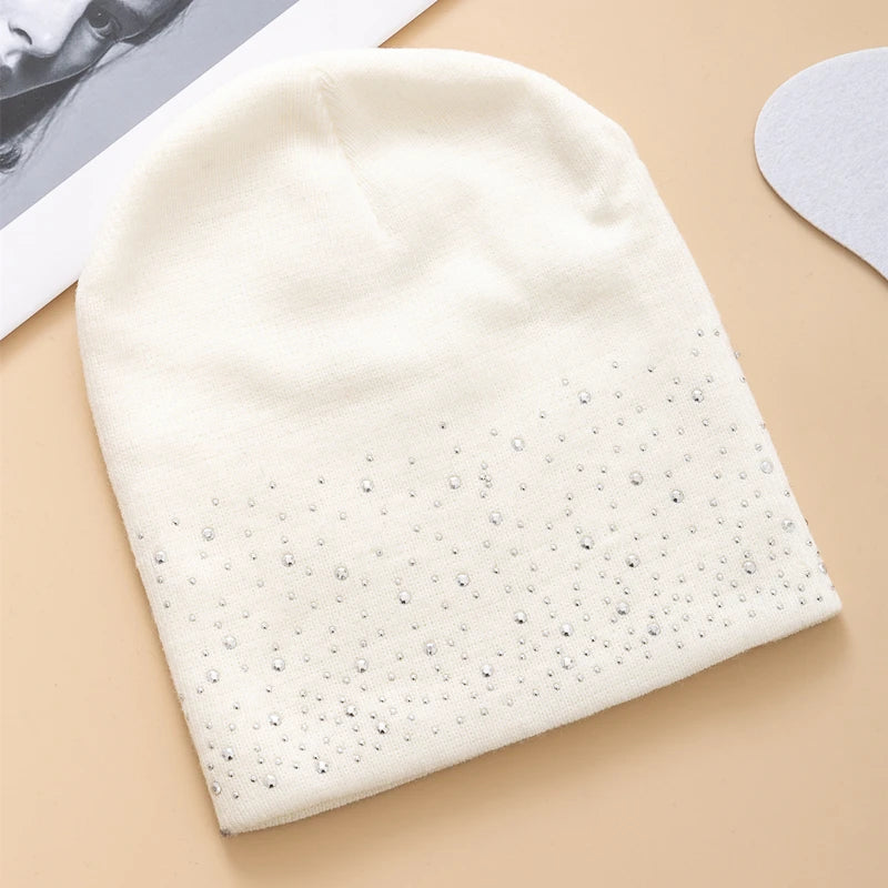 Hot Sale Women Casual Winter Fall Hat Stylish & Shiny Rhinestone Decor Women's Beanie Outdoor Streetwear Knitted Hat