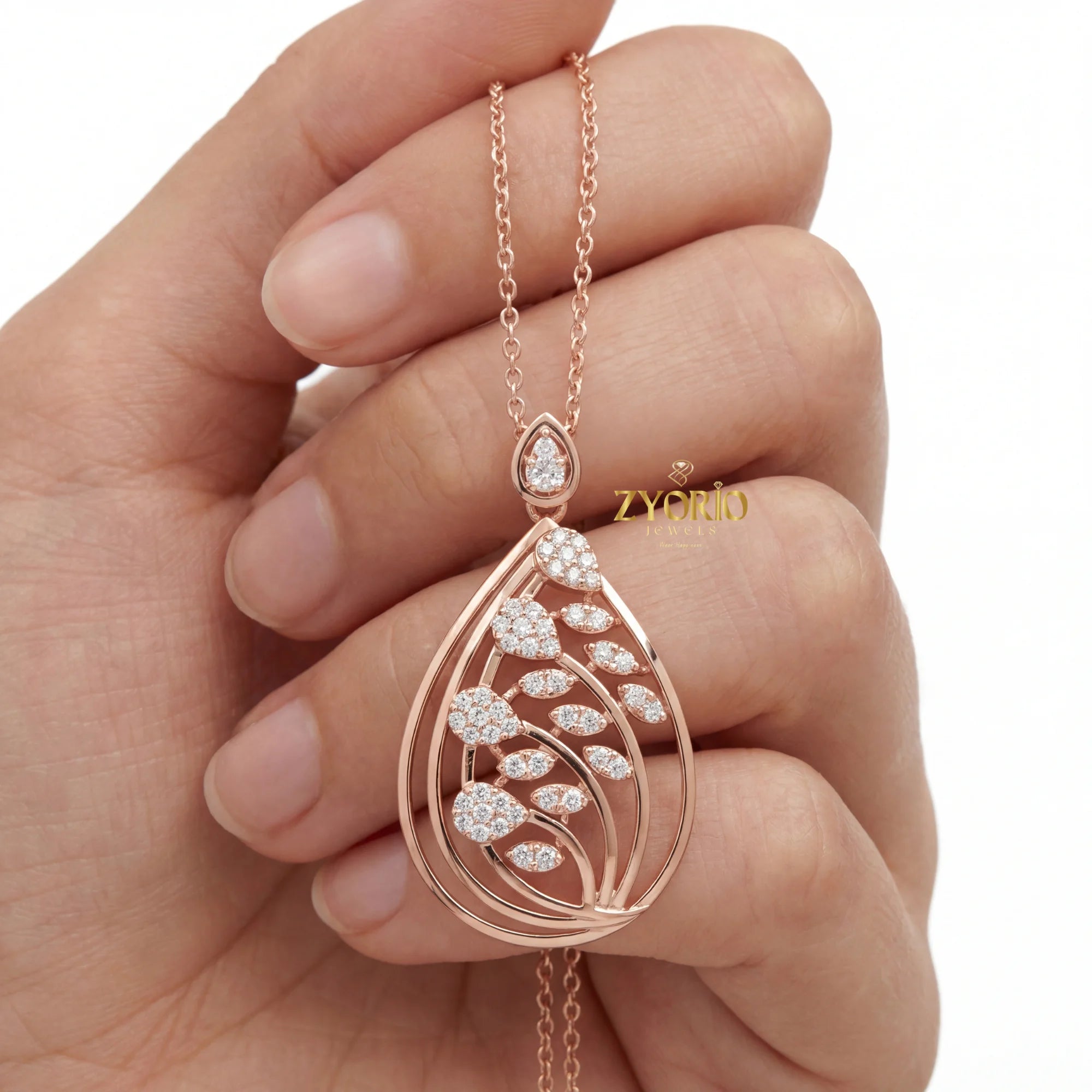 Luxury 14K 18K Gold Leaf Diamond Pendant Necklace for Women, Elegant Teardrop Nature Design Link Chain Jewelry for Engagement