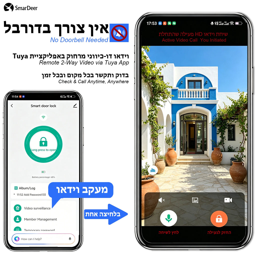SmarDeer 6590 Israeli Standard Mortise Smart Lock, Tuya WiFi 3D Face Palm Vein Lock, IP66 Waterproof Hebrew Support