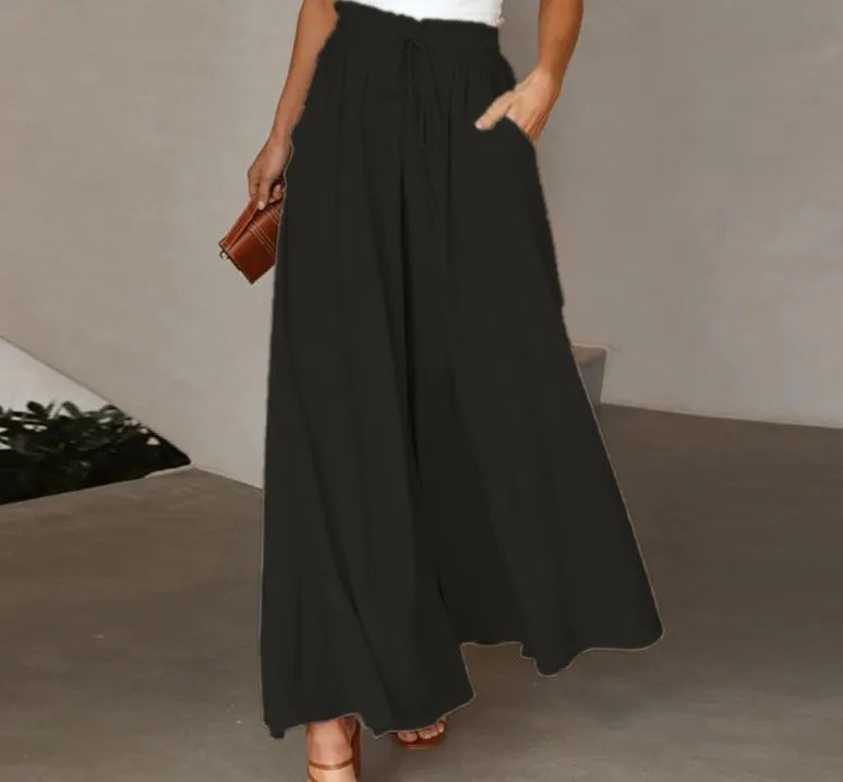Summer Women Elastic High Waist Drawstring Solid Wide Leg Pants Loose Casual Flowy Pocket Trousers Female Daily Beach Long Pants