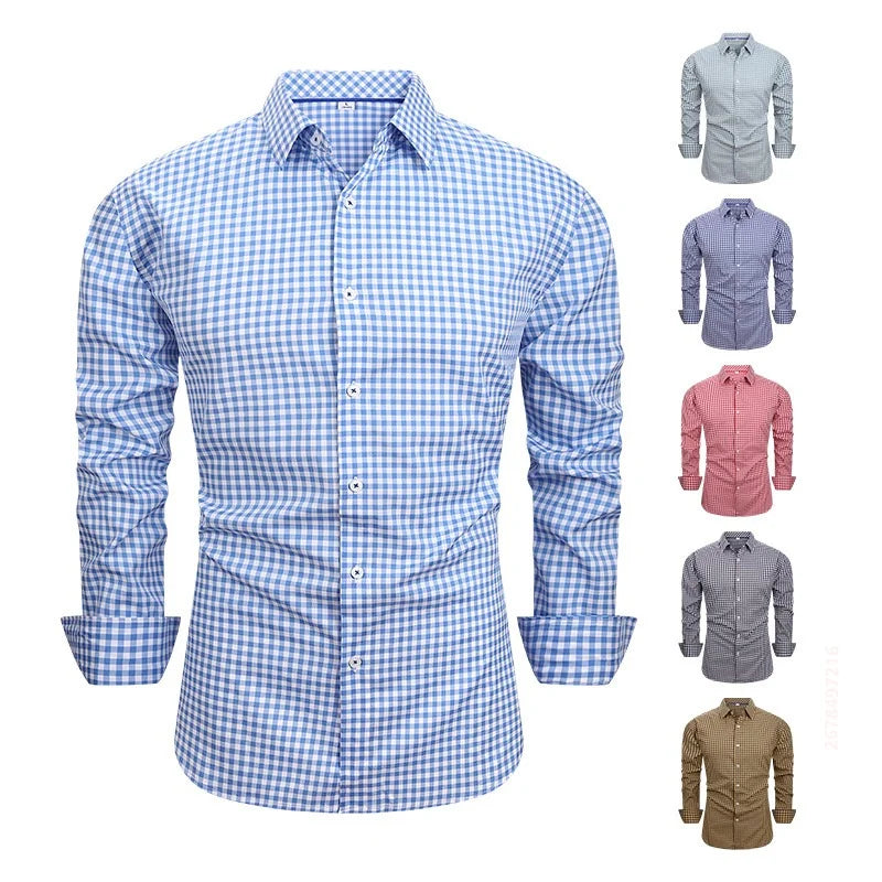 Men's Long-Sleeved Shirt, Plaid Long-Sleeved Shirt, Business Casual Slim-Fit Collared Shirt, Multiple Colors Available.