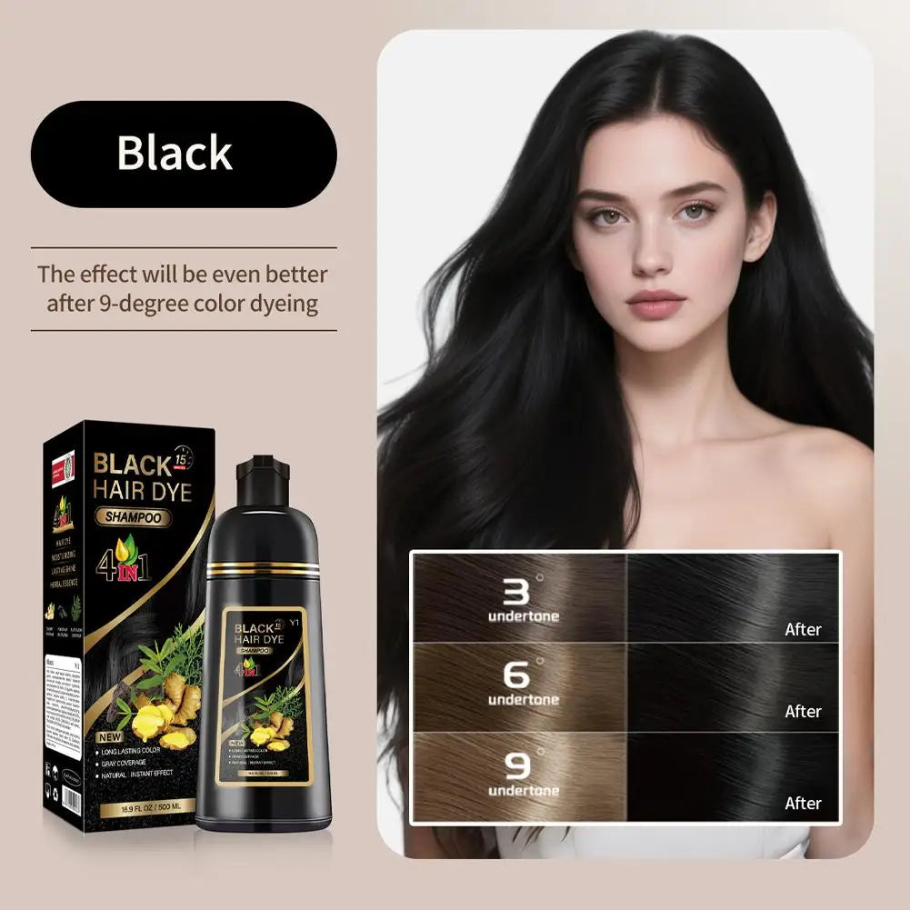 Black Brown Hair Dye Shampoo 500ml,4-in-1 Color Shampoo for Gray Coverage, Long-Lasting Natural Hair Coloring for Women Men