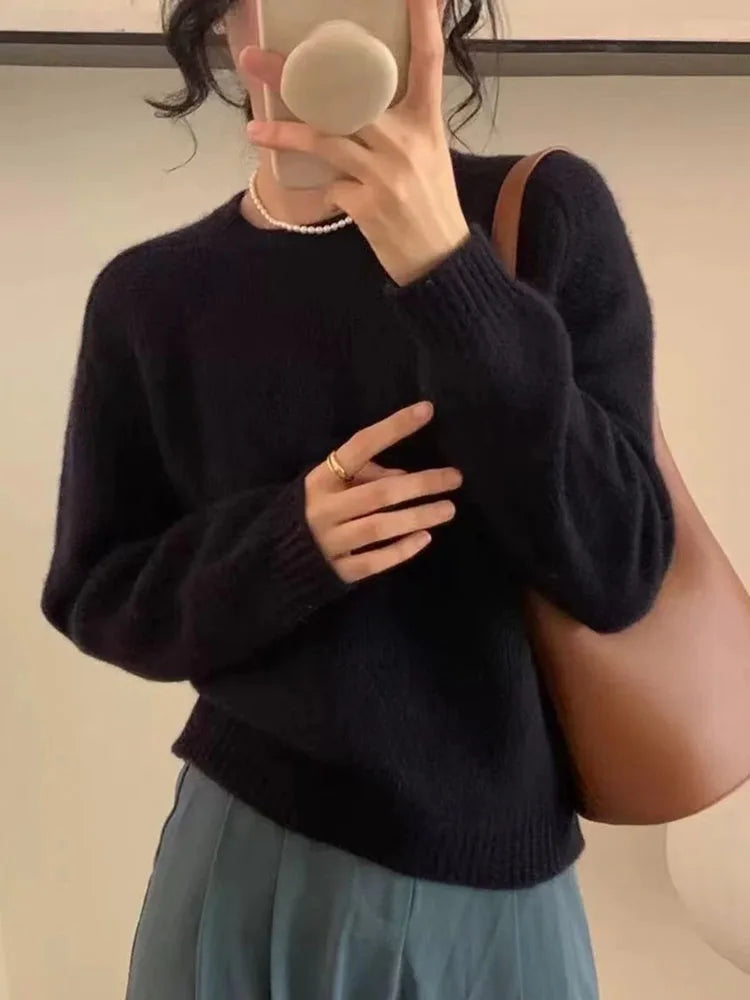 Purple O-Neck Long Sleeved Knitted Sweater Tops Casual Fashion New Knitwear Pullover Fall Winter Loose Soft Korean Jumpers
