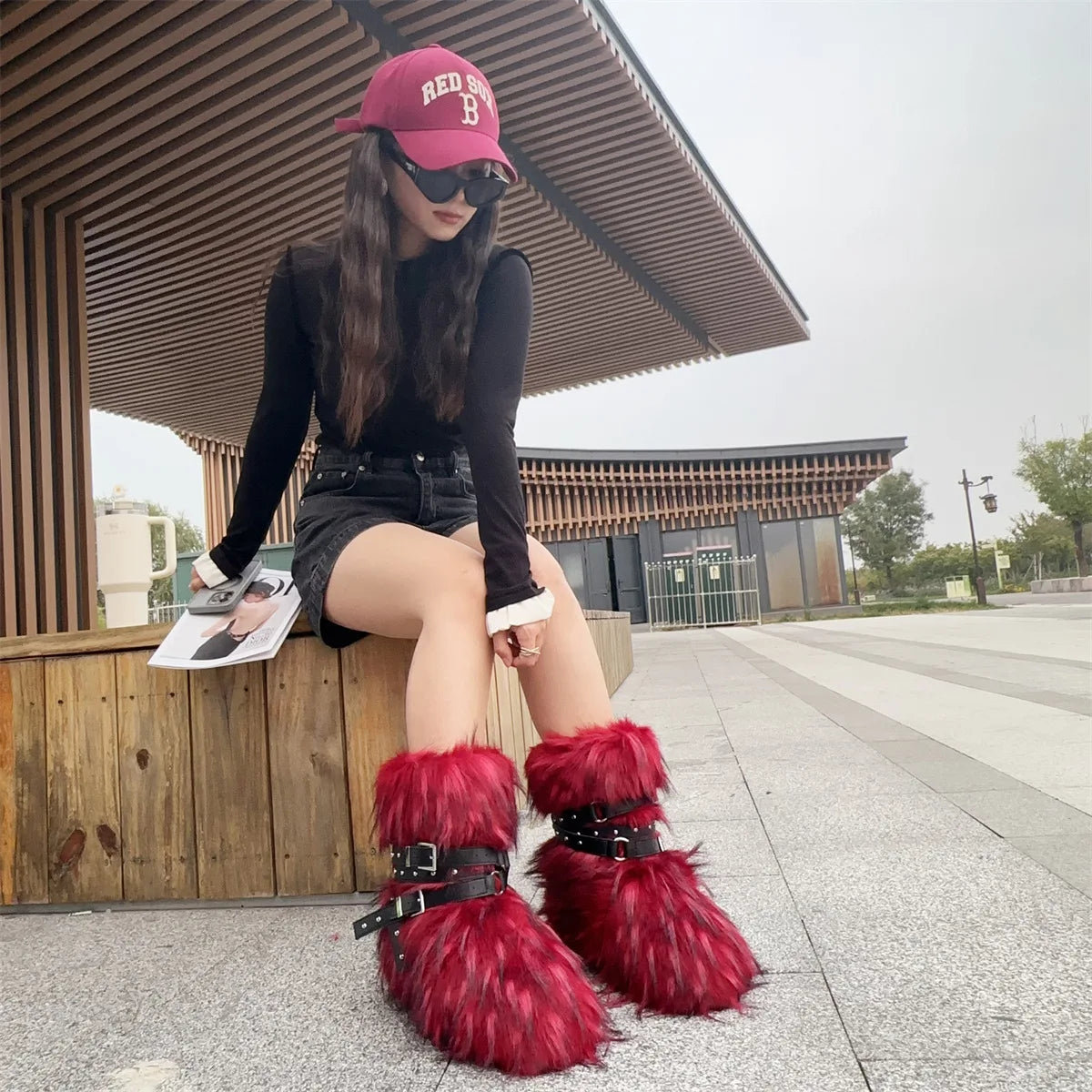 Winter Fur New Design Onepiece Raccoon FurFemale Snow Boots Fur shoes OutdoorMid Leg Boots y2k Cool Pink Girl