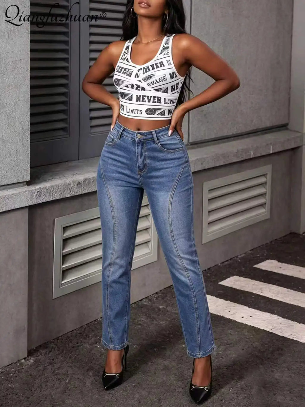 Design-inspired blended washed blue jeans for women - flattering for all leg shapes, stylish straight-leg long pants
