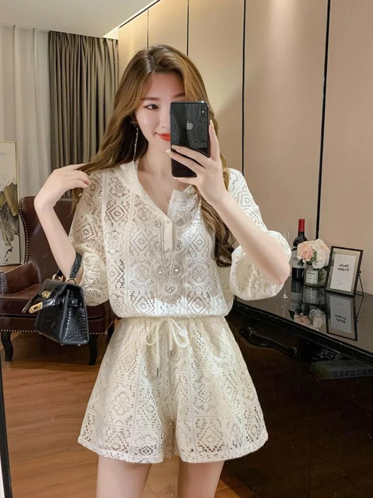Short Sets for Women 2 Pieces Office Apricot Lace Woman Shorts Full Novelty in New Products Stylish Vacation Outfits 2025 Light