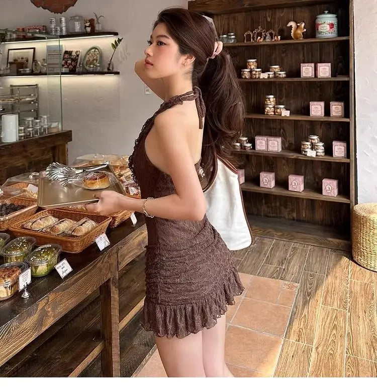 Sexy retro vacation ruffle edge deep V halter neck dress female slim slim slim skirt