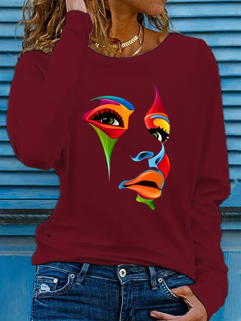 100% pure cotton women's spring and autumn casual fashion long sleeved portrait graphic printed round neck T-shirt