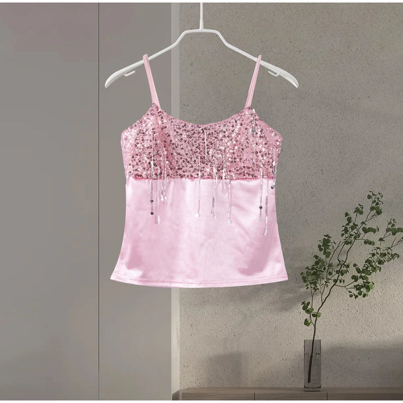 Sexy Tassel Sequins Vest Mini Skirt Women Crop Sling Vests Short Hip Package A-line Skirts 2026 Summer Lady Beach Party Outfits