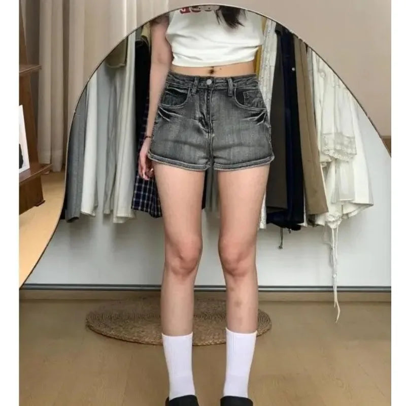 Black and Gray Low-rise Denim Super Y2k Shorts Women Washed Old Slim Elastic Hot Pants Booty Shorts
