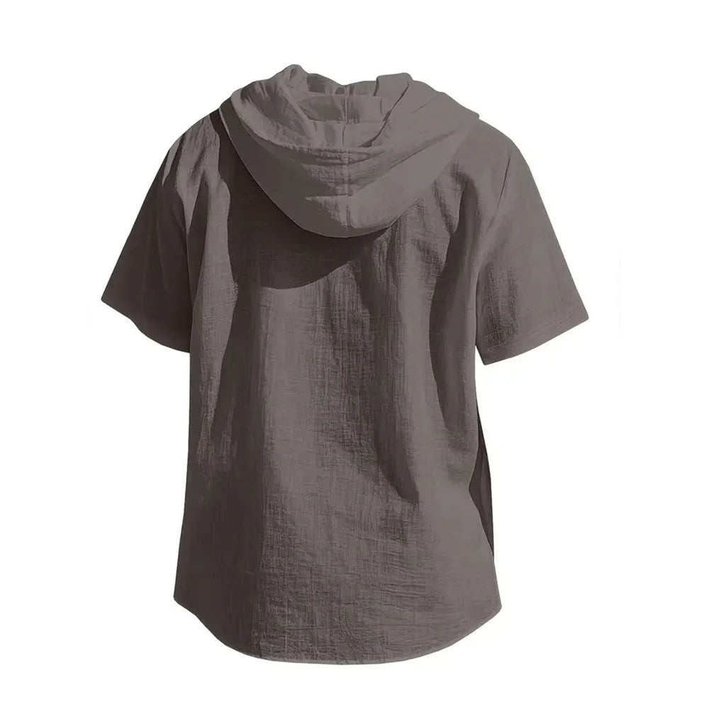 Cotton Linen Shirt for Men Hooded Short Sleeve Solid Color Breathable Lightweight Drawstring Design Shirts Casual Basic Tees