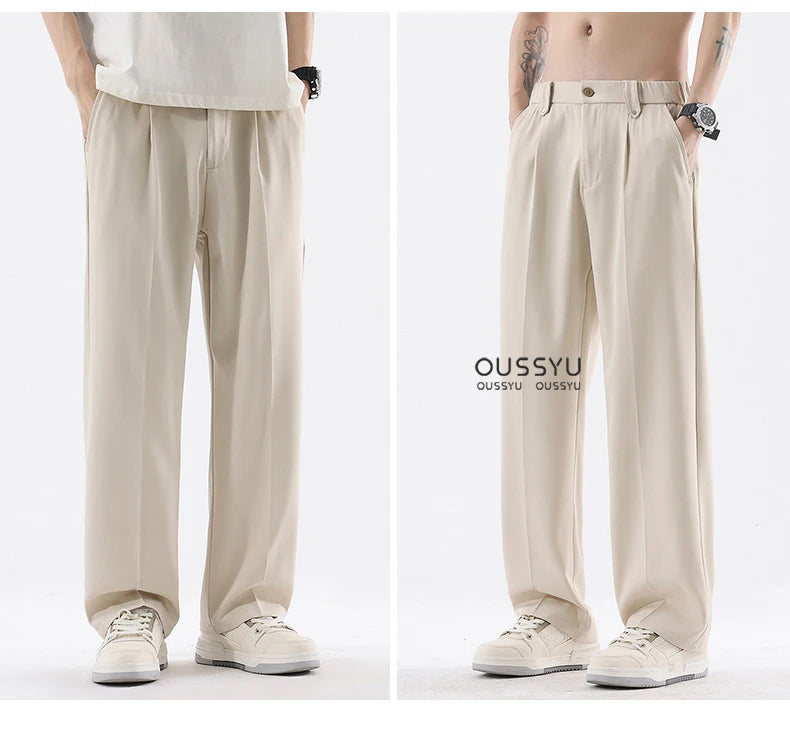 Spring Summer Smooth Casual Pants Men Business Elastic Waist Black Grey Khaki Suit Trousers Male Work Office Plus Size S-5XL