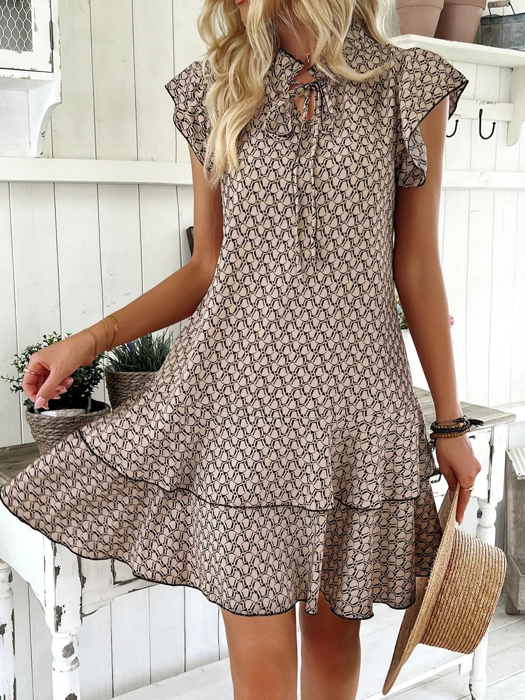 2025 Elegant Women's Casual Loose Ruffle Mini Dress Bohemian Printed V-neck Lace-up Small Flying Sleeve Dresses For Women S-3XL