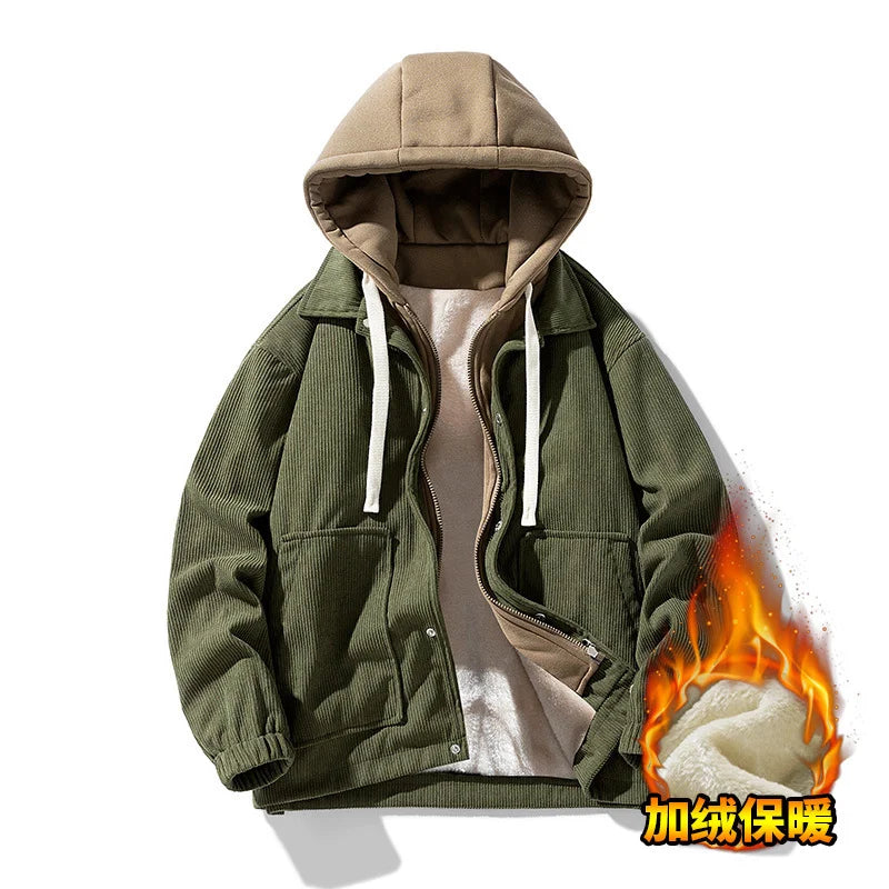 2025 New Corduroy Jacket Men's Harajuku Japanese Windproof Warm Fake Two-piece Hooded Coat Womens Casual Loose Pocket Jacket 4XL