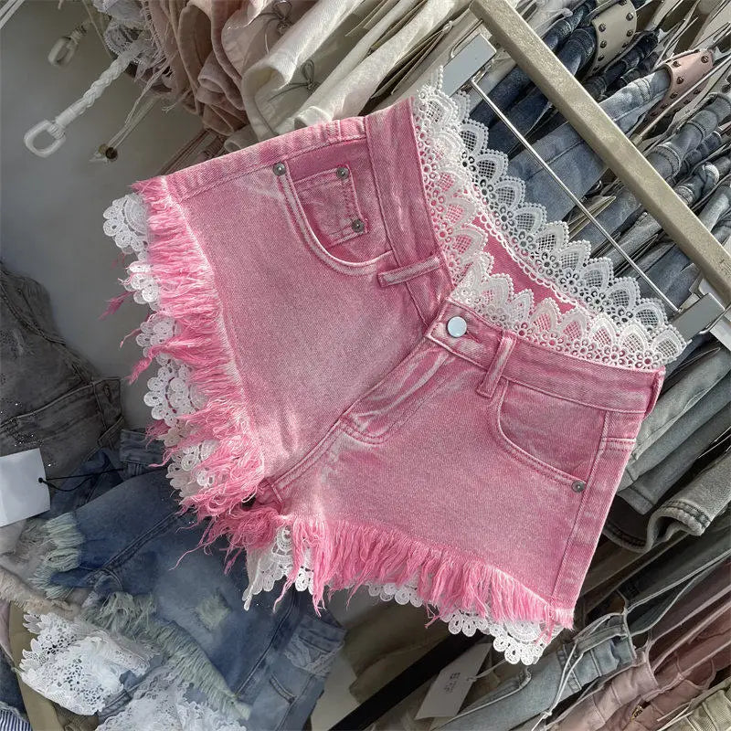 Light Blue Denim Shorts For Women High Waisted Raw Hem Lace Patchwork Petite Shorts Summer Casual Slim Fit Hot Pants