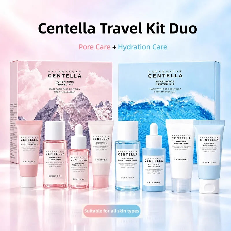 Centella Poremizing & Hyalu-Cica Travel Kit,Toner,Foam,Ampoule Serum,Light Gel Moisture Cream,Night Sleeping Pack 4pcs Gift Sets